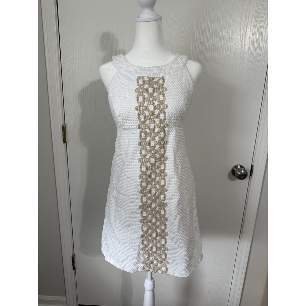 Lilly Pulitzer 🌴Resort White & Gold Jacqueline Shift Dress Size 4